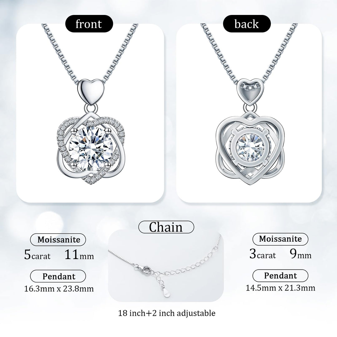 InfinityLove Heart Necklaces for Women, 5-3 Carats Moissanite, Sterling Silver Pendant Jewelry, Anniversary Birthday Gifts for Wife, Girlfriend, Daughter, Mom