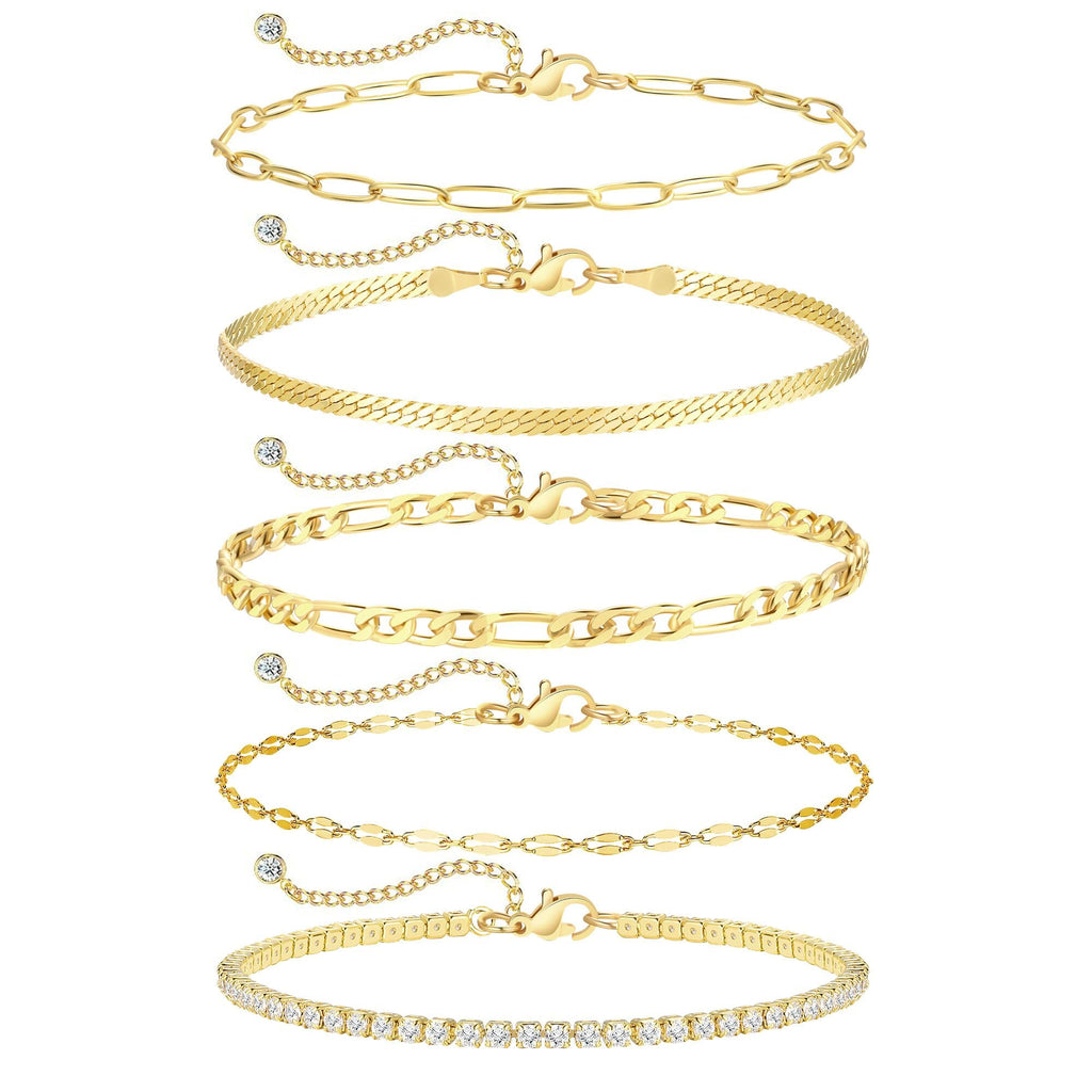 iF YOU Gold Ankle Bracelets for Women - 5pc Layered Set