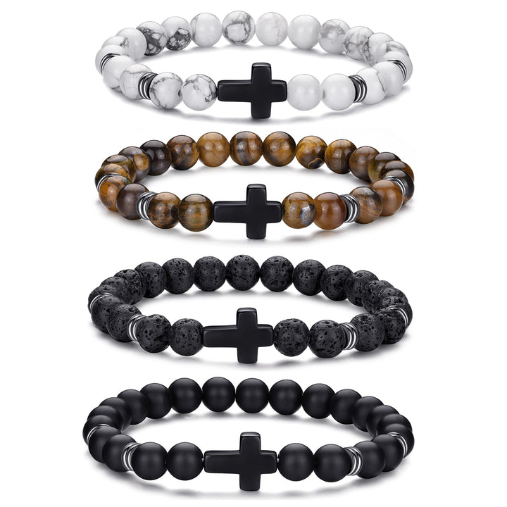 RANKEEF Tiger Eye Bracelet For Men featuring 8mm natural stone beads and black matte agate beads stacked together.