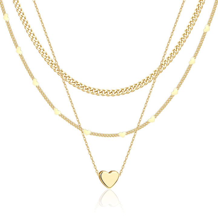 WomenGifts Layered Gold Necklaces for Women, 14K Gold Sterling Silver Plated Dainty Pendant Necklace Set Non Tarnish, Chunky Stackable Cuban Chain Choker, Trendy Personalized Birthstone Jewelry Gift for Mom