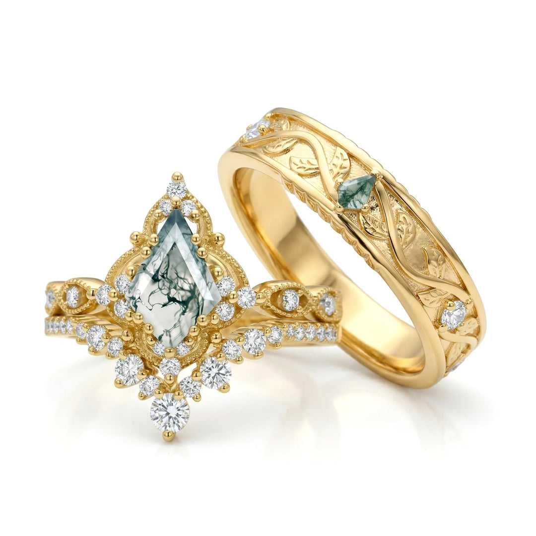 Couple Rings for Him and Her - Kite Cut Moss Agate Set