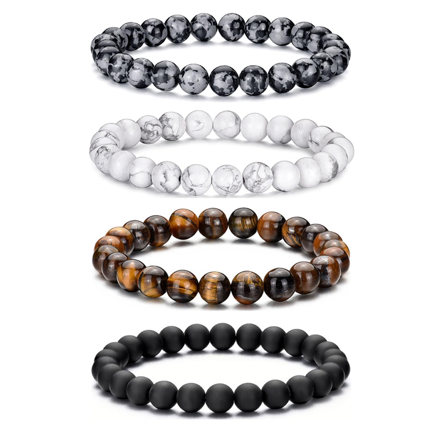 RANKEEF Tiger Eye Bracelet For Men featuring 8mm natural stone beads and black matte agate beads stacked together.