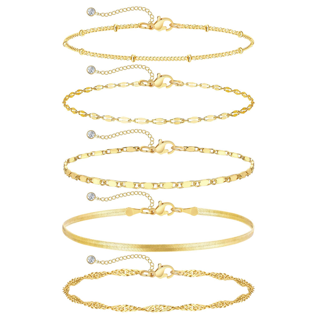 iF YOU Gold Ankle Bracelets for Women - 5pc Layered Set