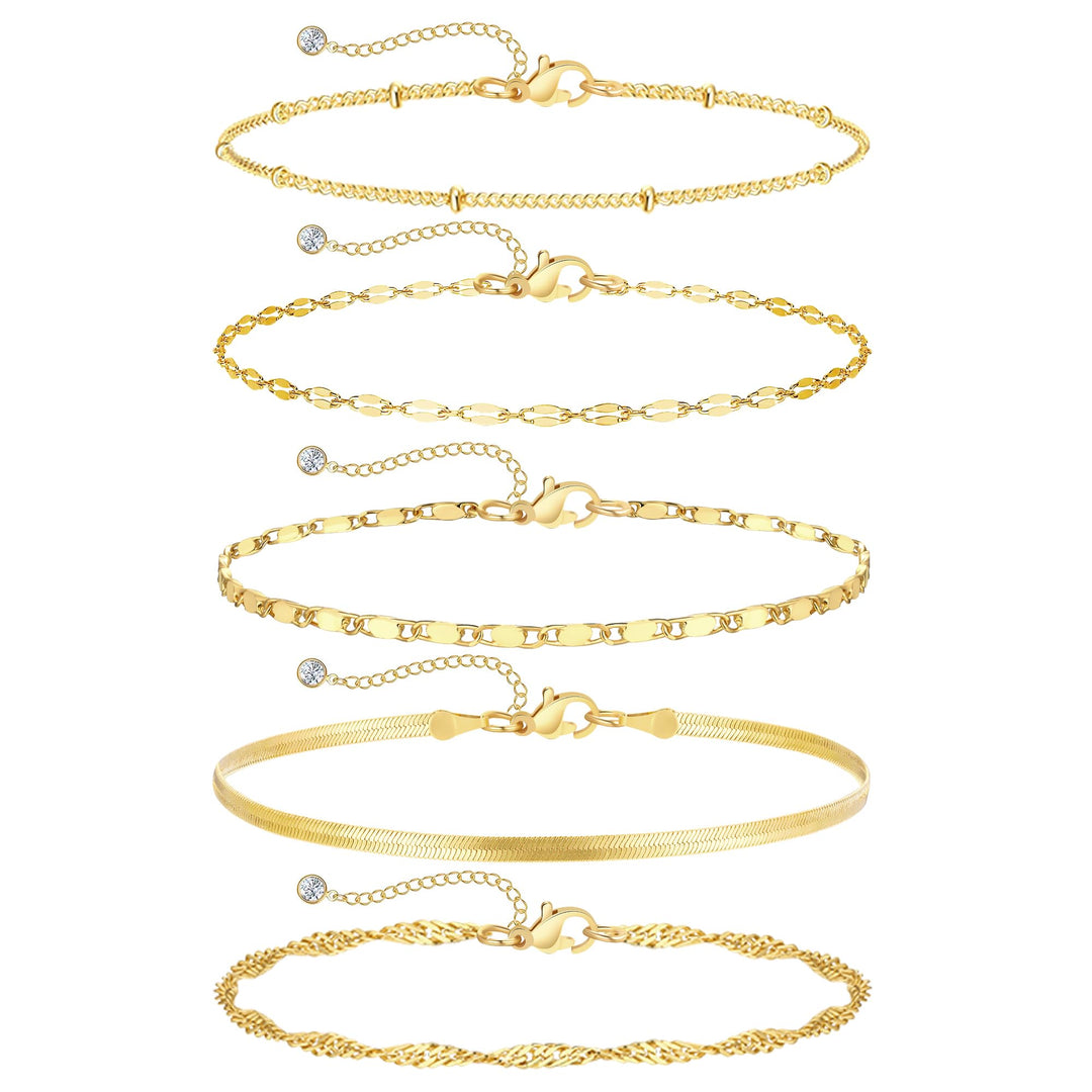 iF YOU Gold Ankle Bracelets for Women, 14k Gold Plated Waterproof Cuban Link Chain Anklets Set, Layered Anklet Bracelets for Women Beach Gift Adjustable Size 5pc