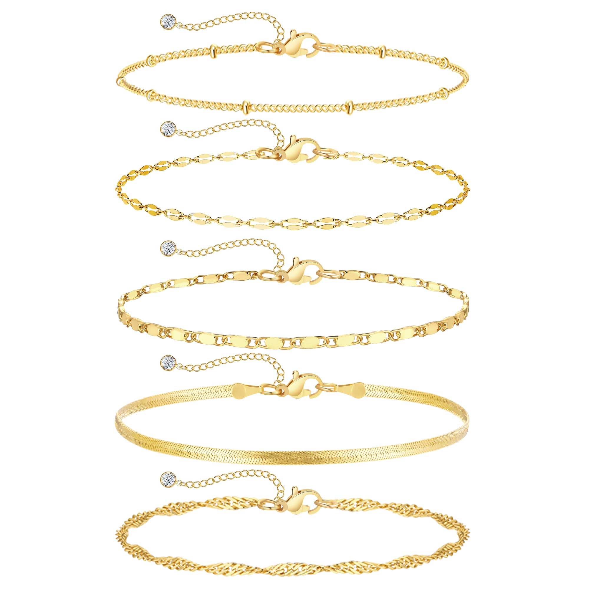 iF YOU Gold Ankle Bracelets for Women - 5pc Layered Set