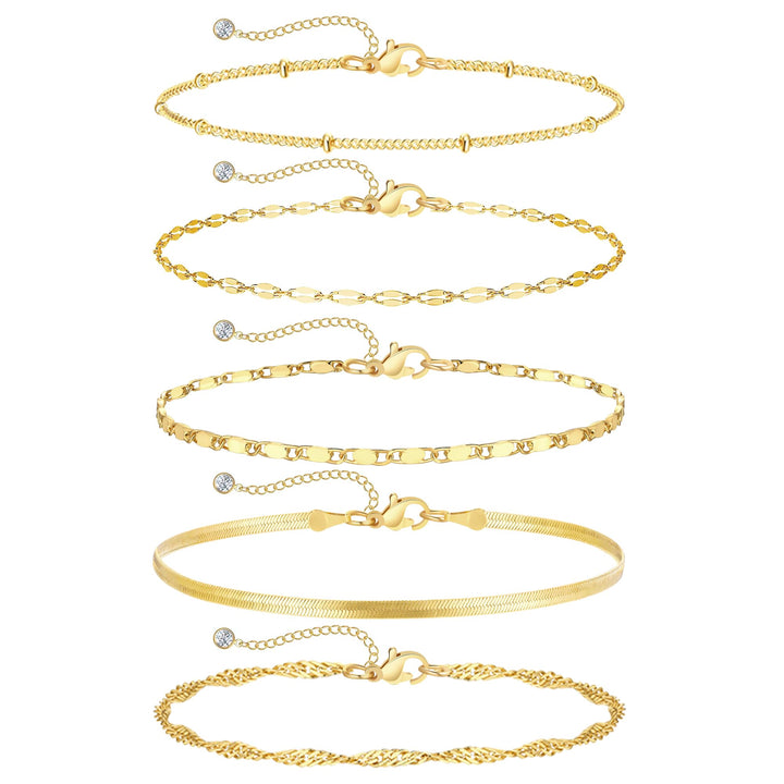 iF YOU Gold Ankle Bracelets for Women, 14k Gold Plated Waterproof Cuban Link Chain Anklets Set, Layered Anklet Bracelets for Women Beach Gift Adjustable Size 5pc