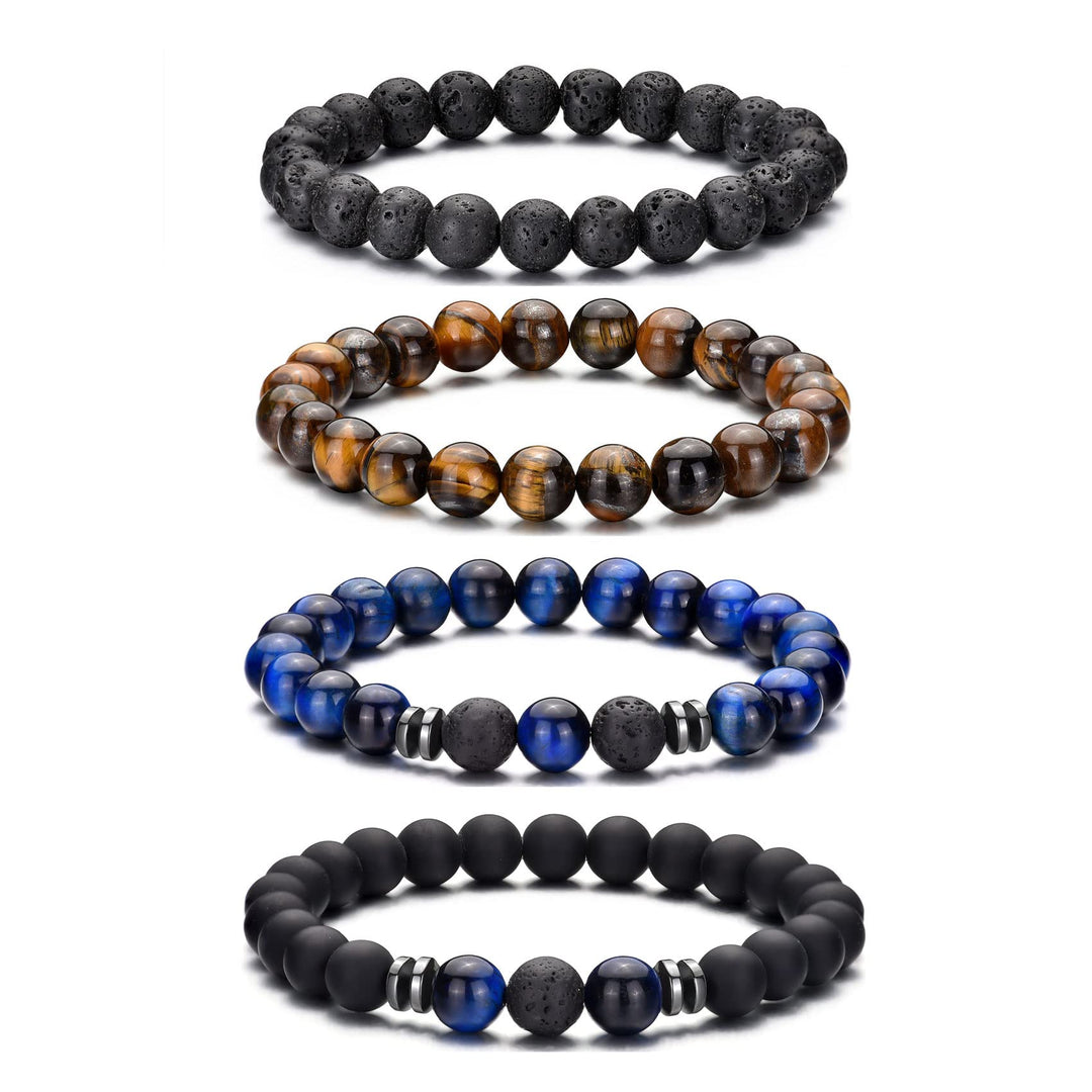 RANKEEF Tiger Eye Bracelet For Men featuring 8mm natural stone beads and black matte agate beads stacked together.
