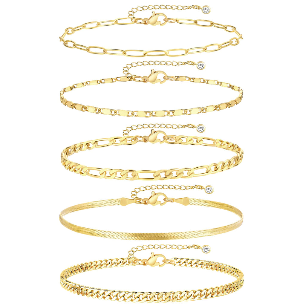 iF YOU Gold Ankle Bracelets for Women - 5pc Layered Set