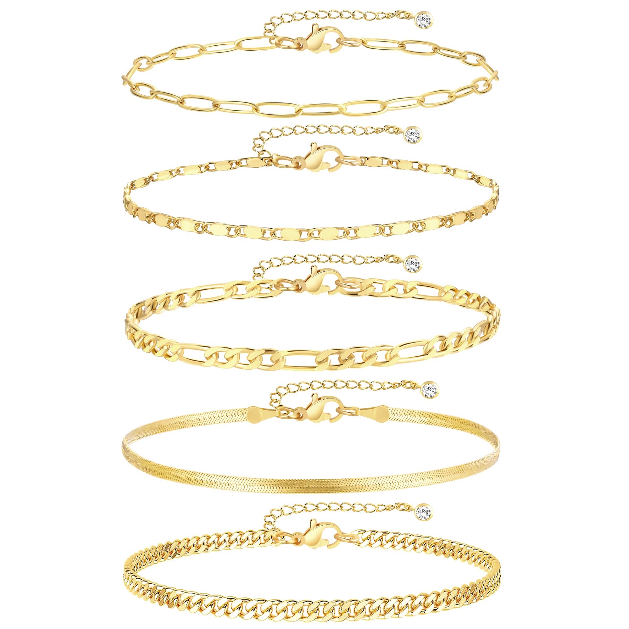 iF YOU Gold Ankle Bracelets for Women - 5pc Layered Set