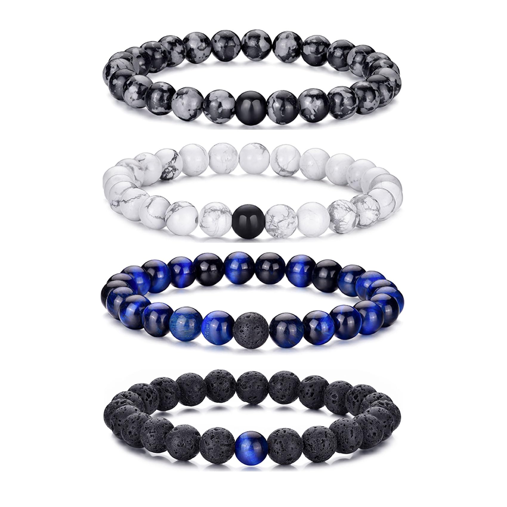 RANKEEF Tiger Eye Bracelet For Men featuring 8mm natural stone beads and black matte agate beads stacked together.