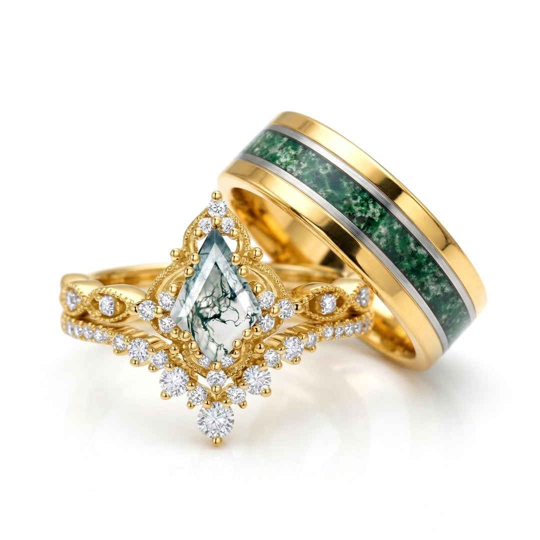 Couple Rings for Him and Her - Kite Cut Moss Agate Set