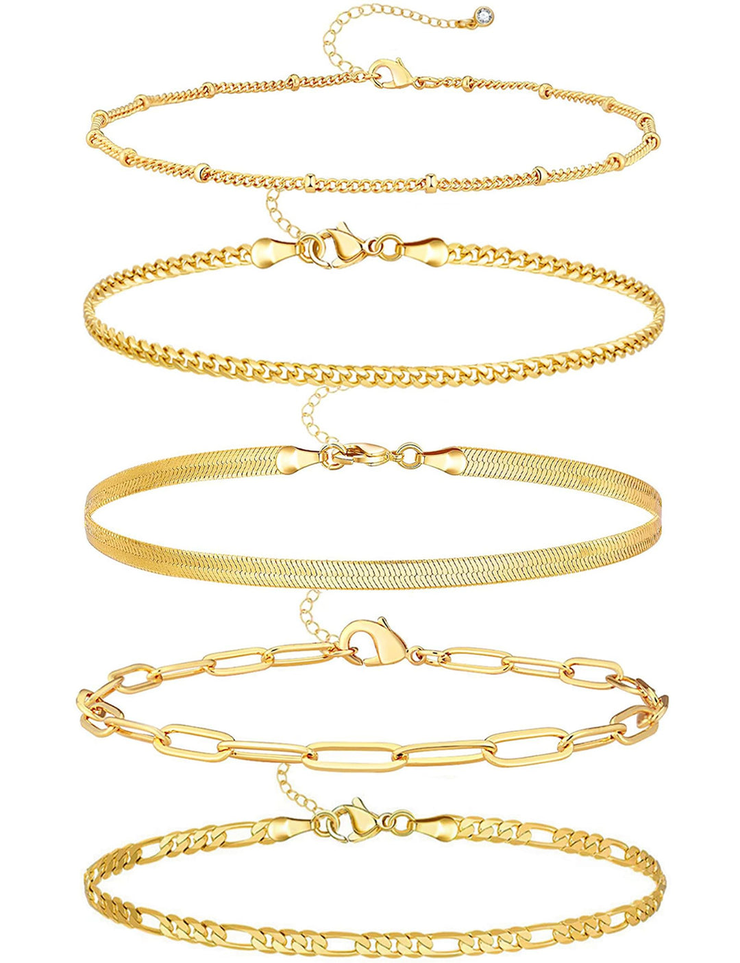 iF YOU Gold Ankle Bracelets for Women, 14k Gold Plated Waterproof Cuban Link Chain Anklets Set, Layered Anklet Bracelets for Women Beach Gift Adjustable Size 5pc