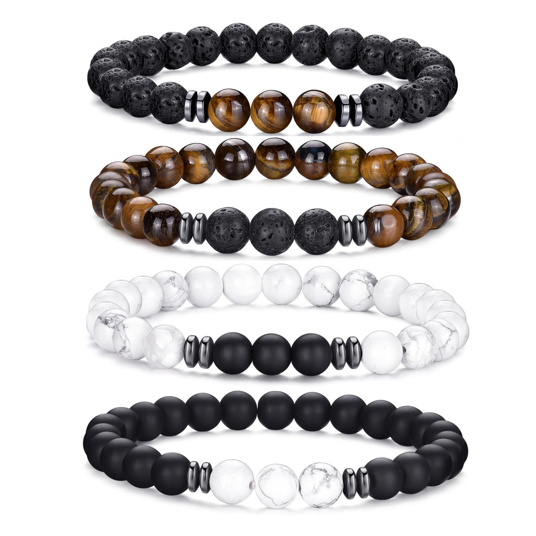 RANKEEF Tiger Eye Bracelet For Men featuring 8mm natural stone beads and black matte agate beads stacked together.
