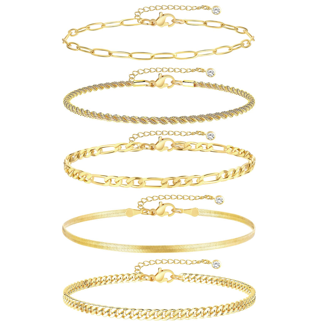 iF YOU Gold Ankle Bracelets for Women - 5pc Layered Set