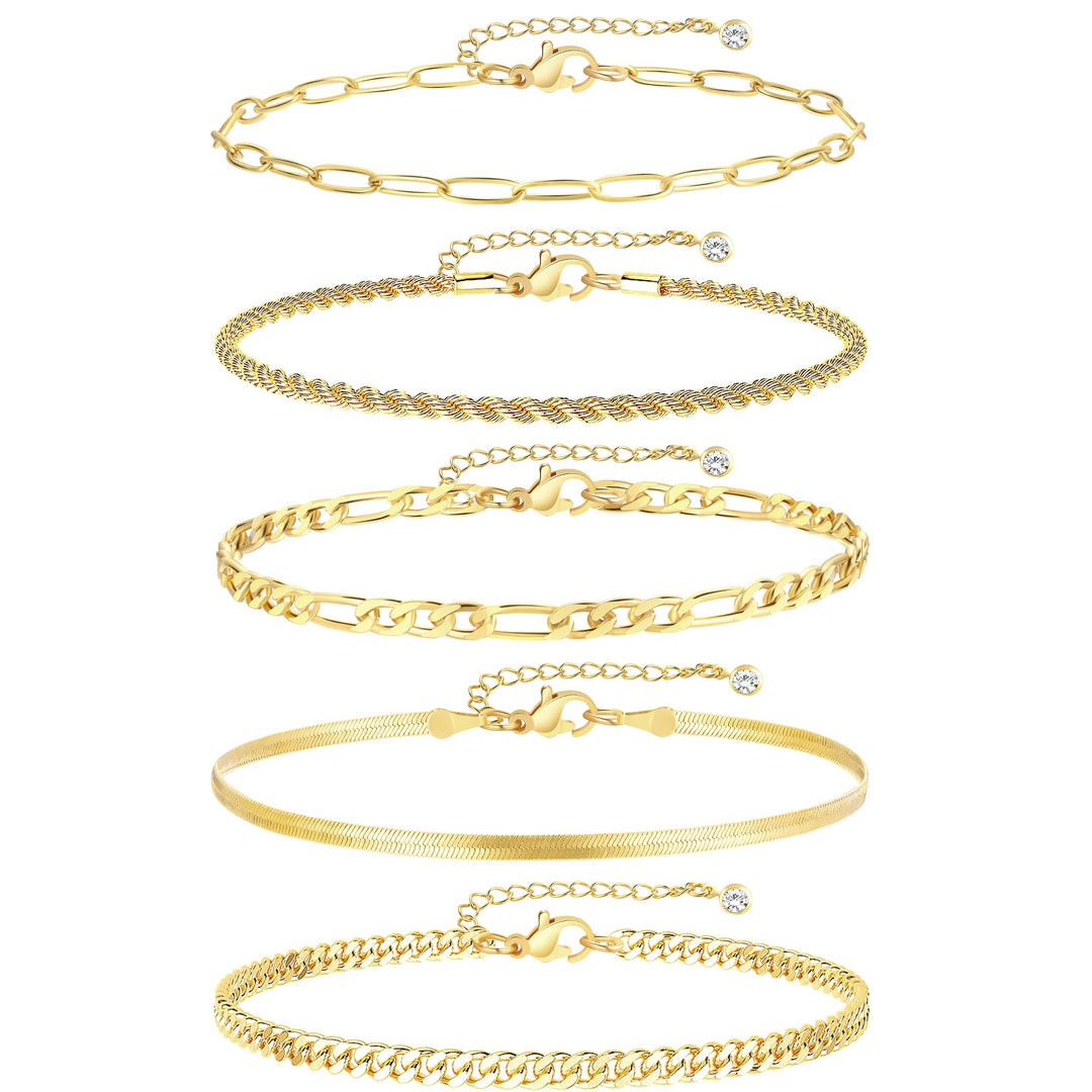 iF YOU Gold Ankle Bracelets for Women, 14k Gold Plated Waterproof Cuban Link Chain Anklets Set, Layered Anklet Bracelets for Women Beach Gift Adjustable Size 5pc
