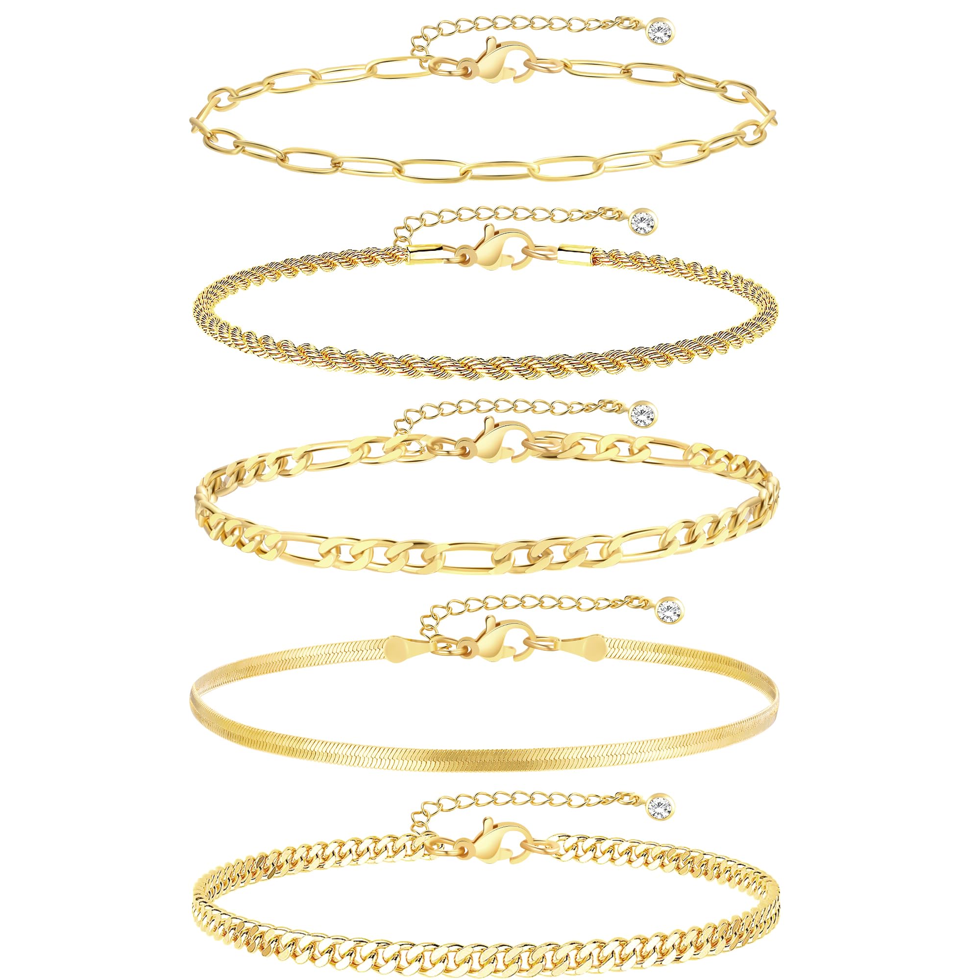 iF YOU Gold Ankle Bracelets for Women - 5pc Layered Set