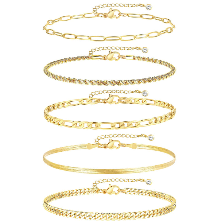iF YOU Gold Ankle Bracelets for Women, 14k Gold Plated Waterproof Cuban Link Chain Anklets Set, Layered Anklet Bracelets for Women Beach Gift Adjustable Size 5pc
