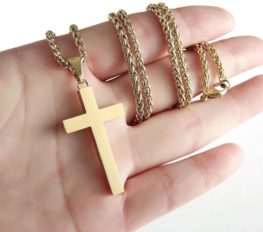 Gold Cross Necklaces for Men Boys Stainless Steel Cross Pendant Chain Catholic Religious Christian Birthday First Communion Confirmation Graduation Fathers Day Jewelry Gifts Teen Him Dad Kids