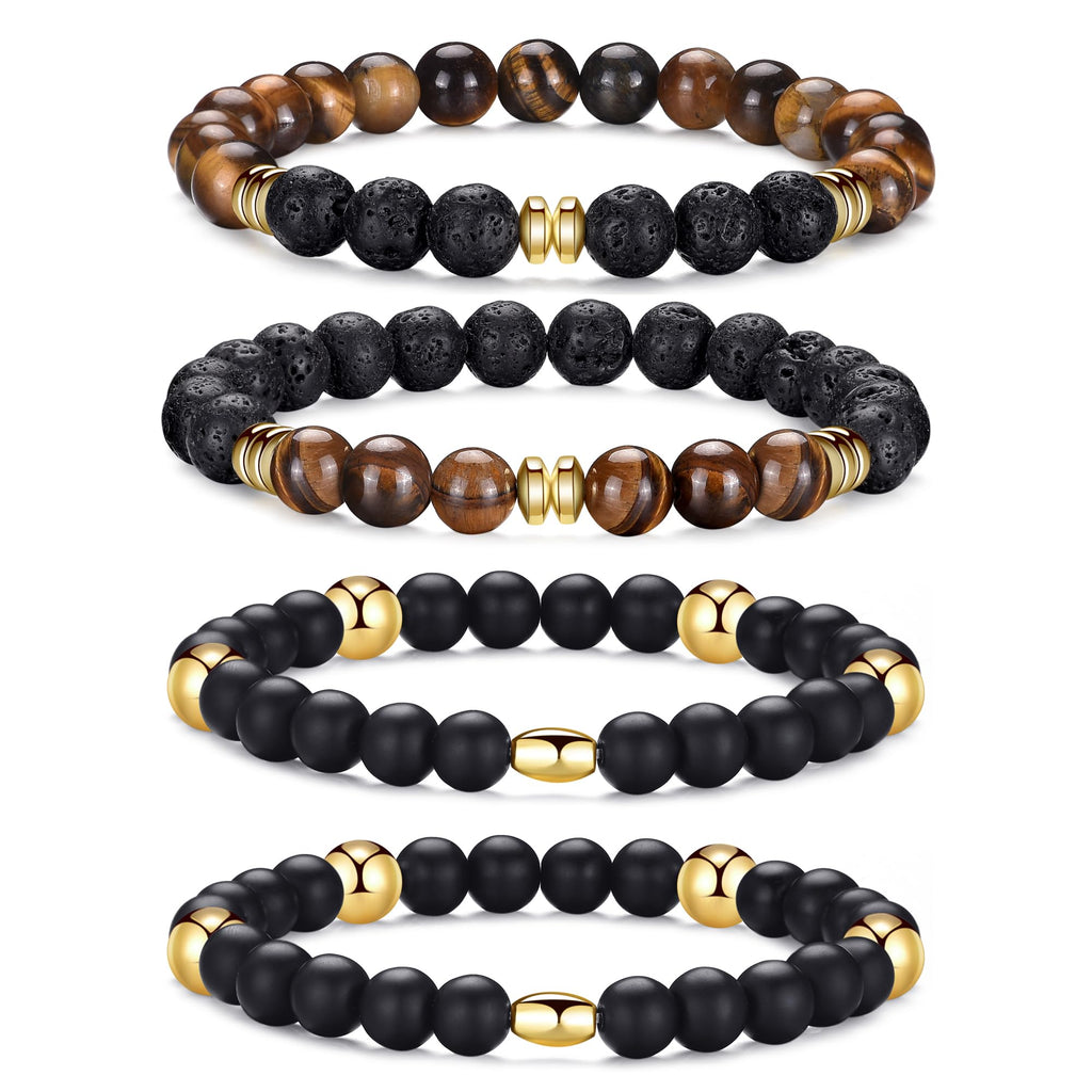RANKEEF Tiger Eye Bracelet For Men featuring 8mm natural stone beads and black matte agate beads stacked together.