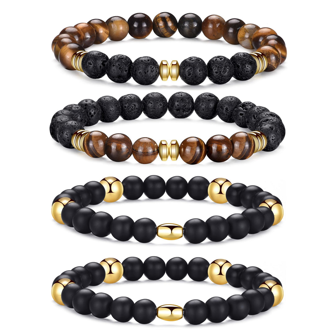 RANKEEF Tiger Eye Bracelet For Men featuring 8mm natural stone beads and black matte agate beads stacked together.