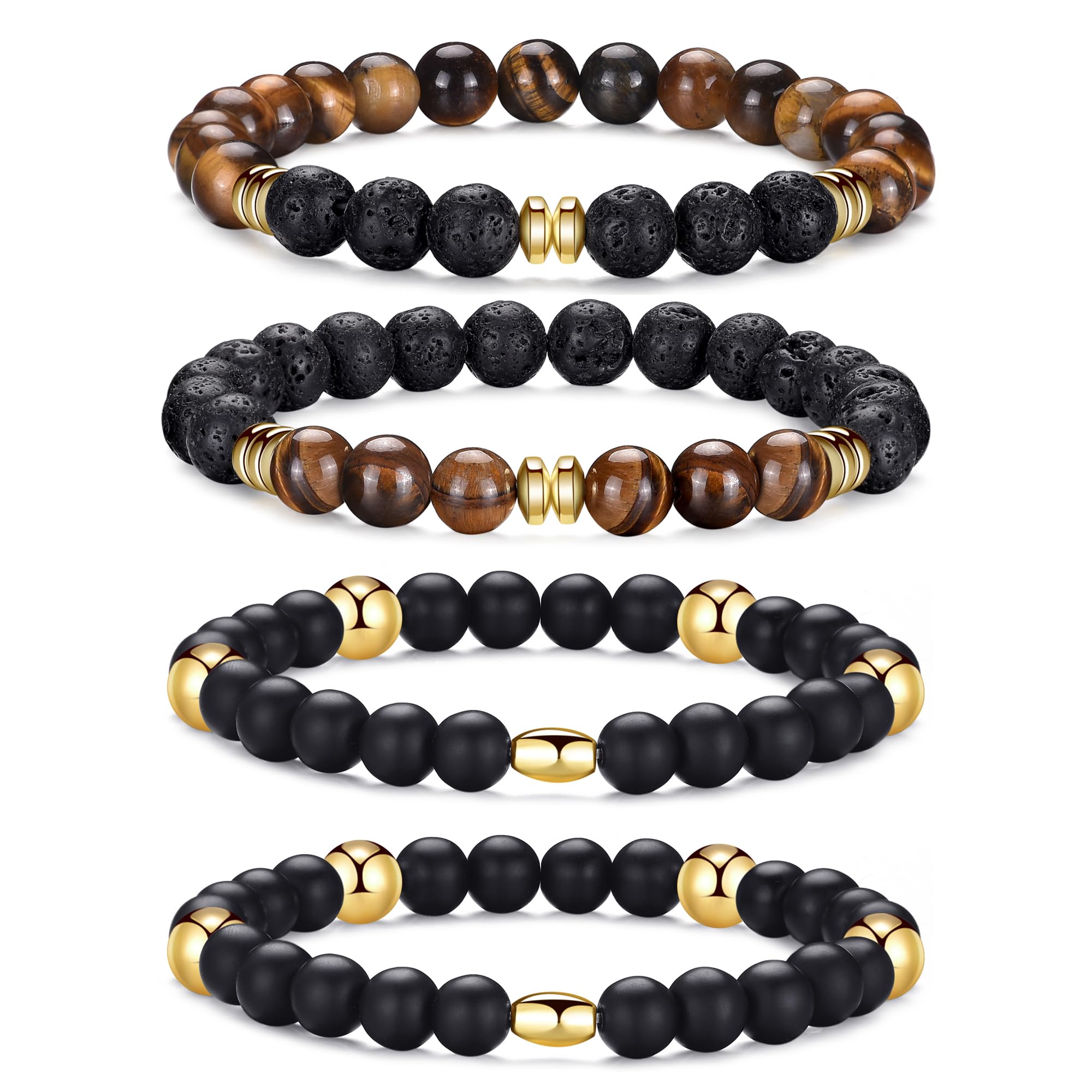 RANKEEF Tiger Eye Bracelet For Men featuring 8mm natural stone beads and black matte agate beads stacked together.