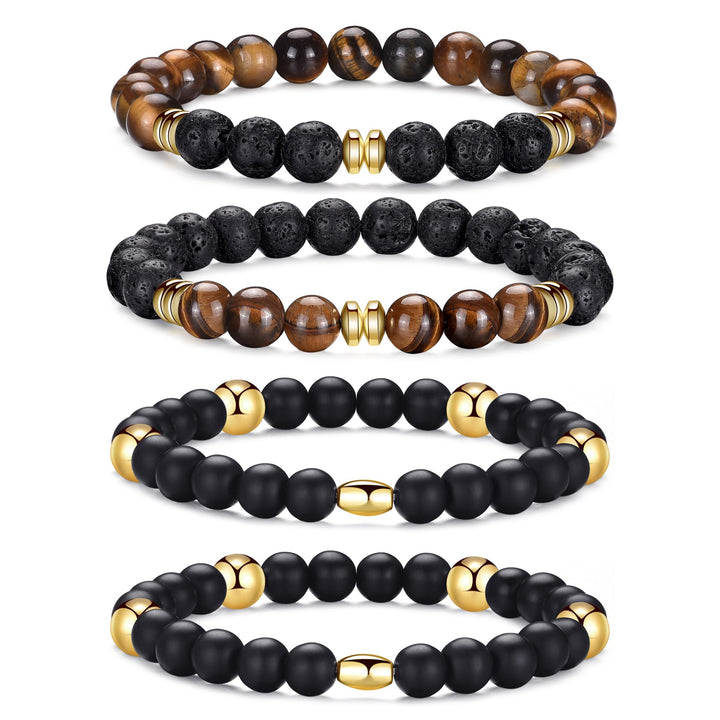 RANKEEF Tiger Eye Bracelet For Men featuring 8mm natural stone beads and black matte agate beads stacked together.