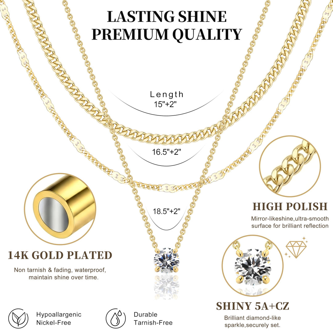 WomenGifts Layered Gold Necklaces for Women, 14K Gold Sterling Silver Plated Dainty Pendant Necklace Set Non Tarnish, Chunky Stackable Cuban Chain Choker, Trendy Personalized Birthstone Jewelry Gift for Mom