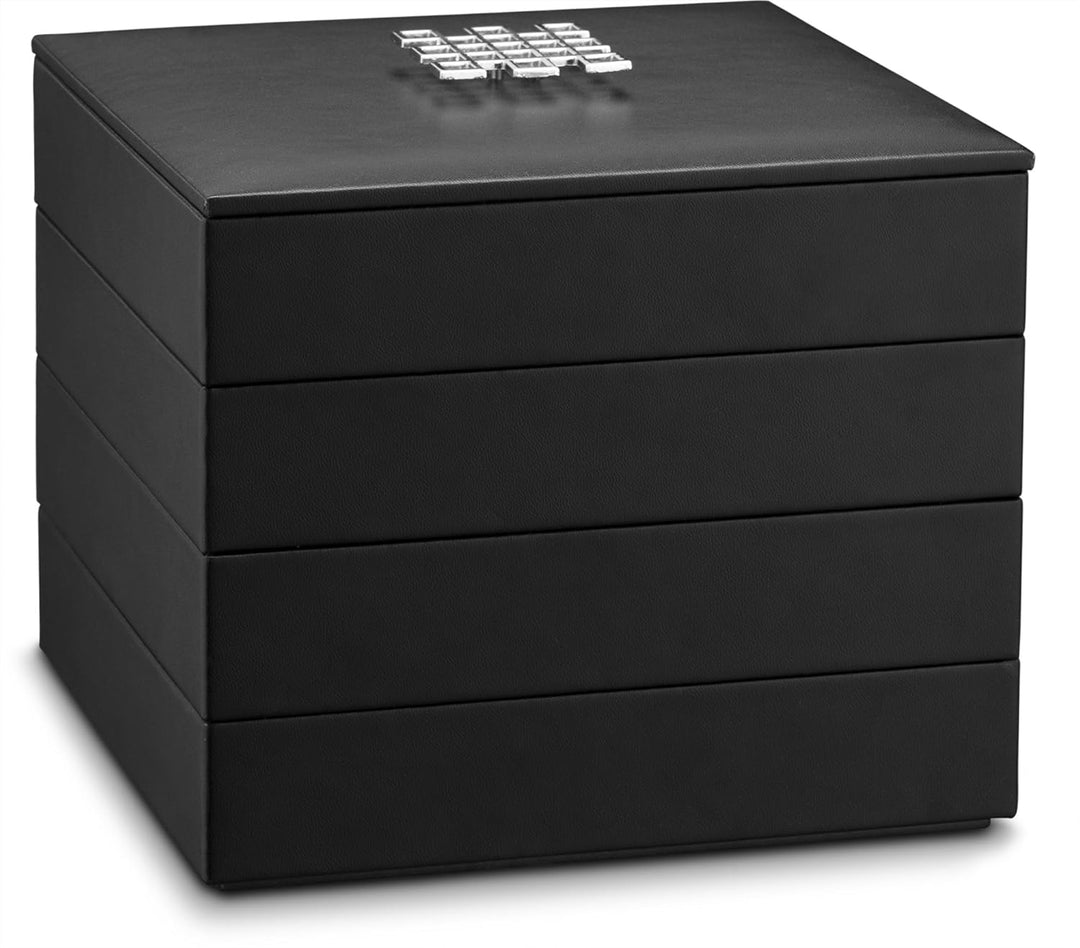 Co Jewelry Organizer Tray - 4 Stackable Trays & Lid with Mirror - 27 Slot Storage for Drawer, Dresser - Black