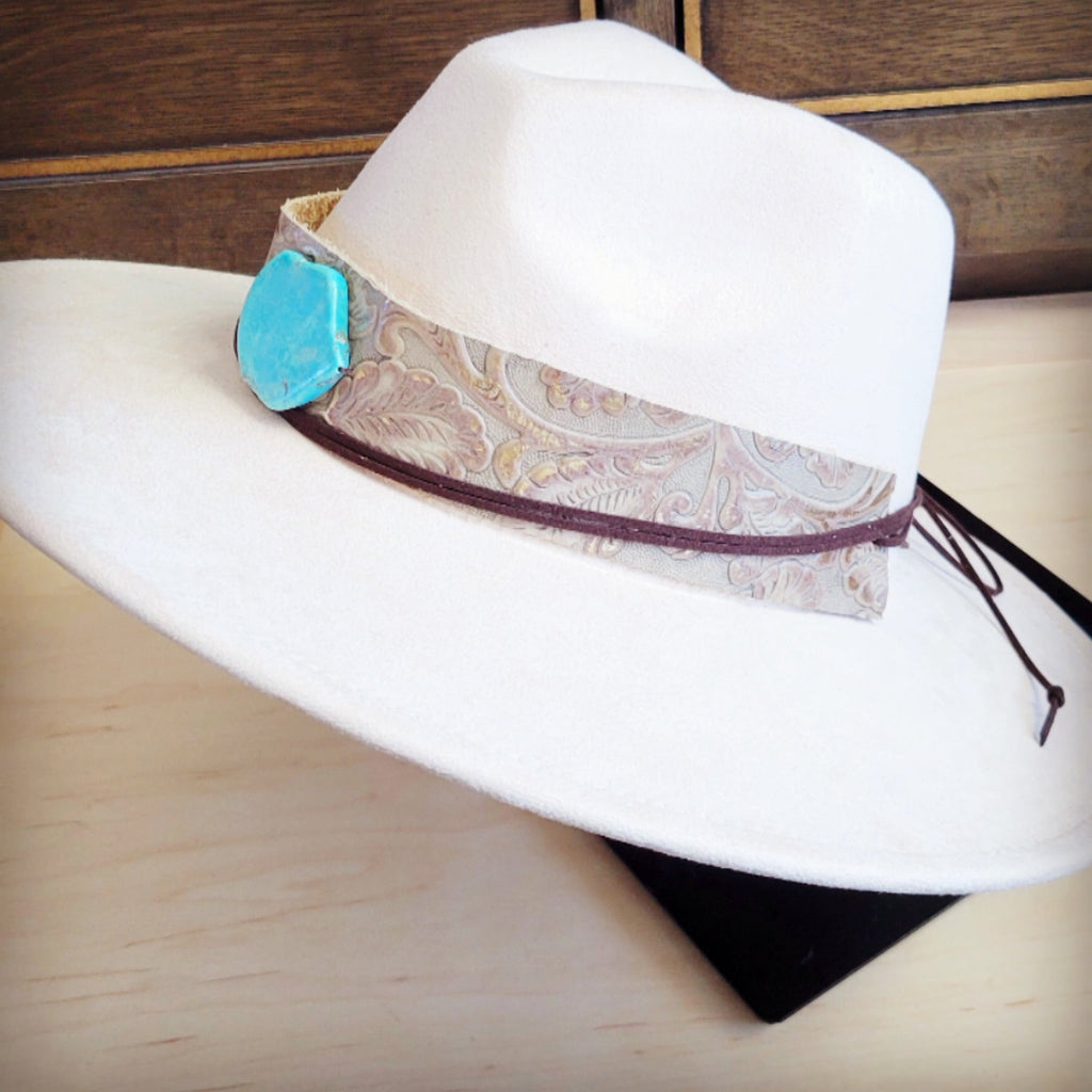 Wide Genuine Leather Gilded Cowboy Hat Band w/ Turq 953n