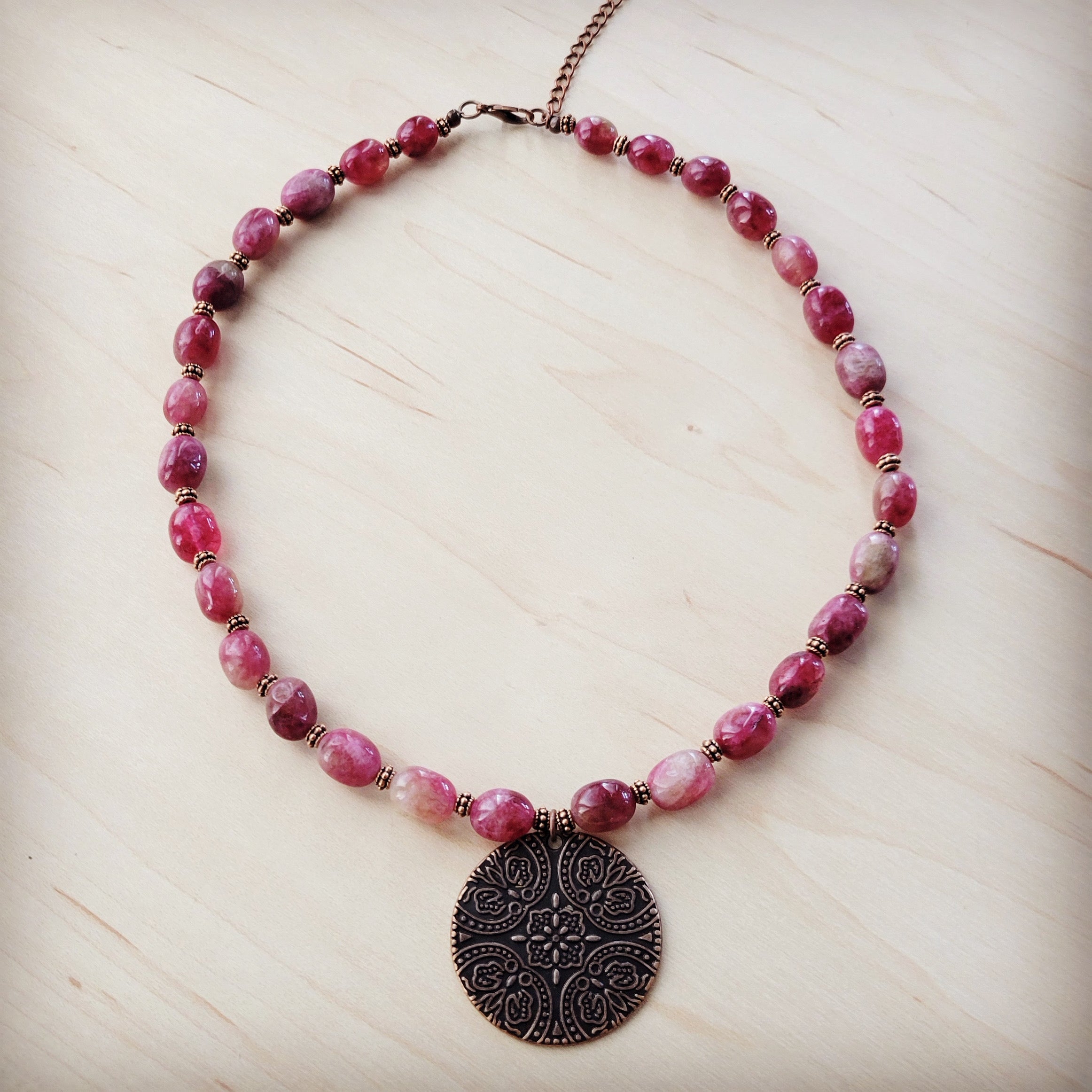 **Natural Pink Jade Beaded Collar Necklace w/ Scroll Pendant 261L