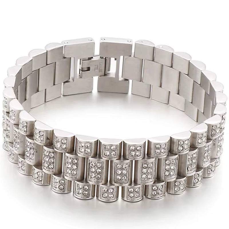 IceLink™ 18MM Gold Strap Chain Bracelet on wrist, bold hip-hop style stainless steel jewelry with polished gold finish