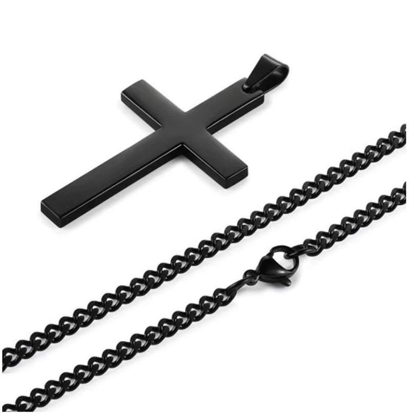 Titanium steel cross necklace with bold unisex pendant layered over sweater