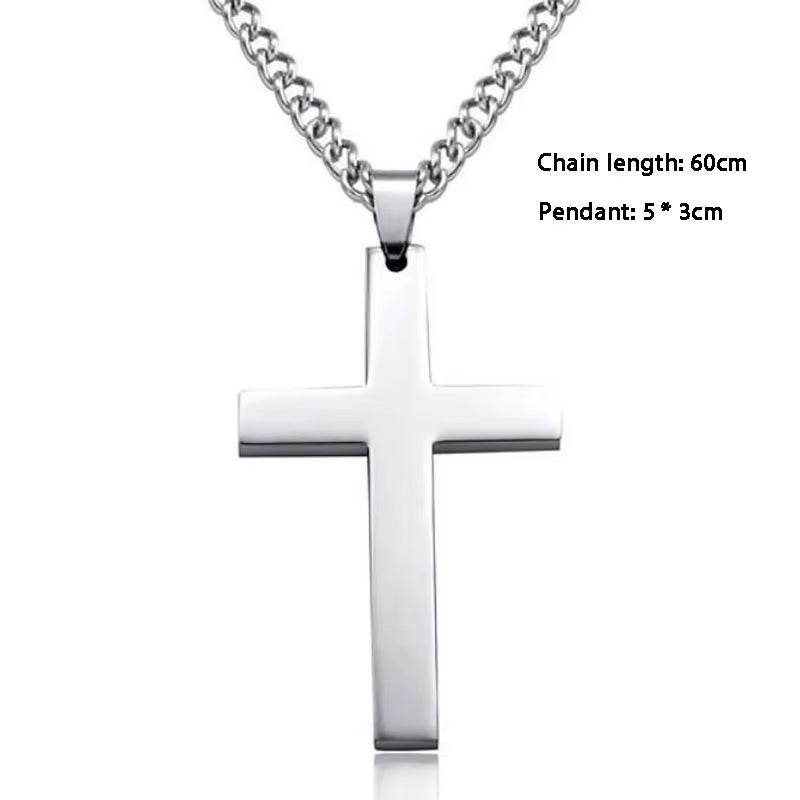 Titanium steel cross pendant necklace on sweater chain, unisex bold layering jewelry