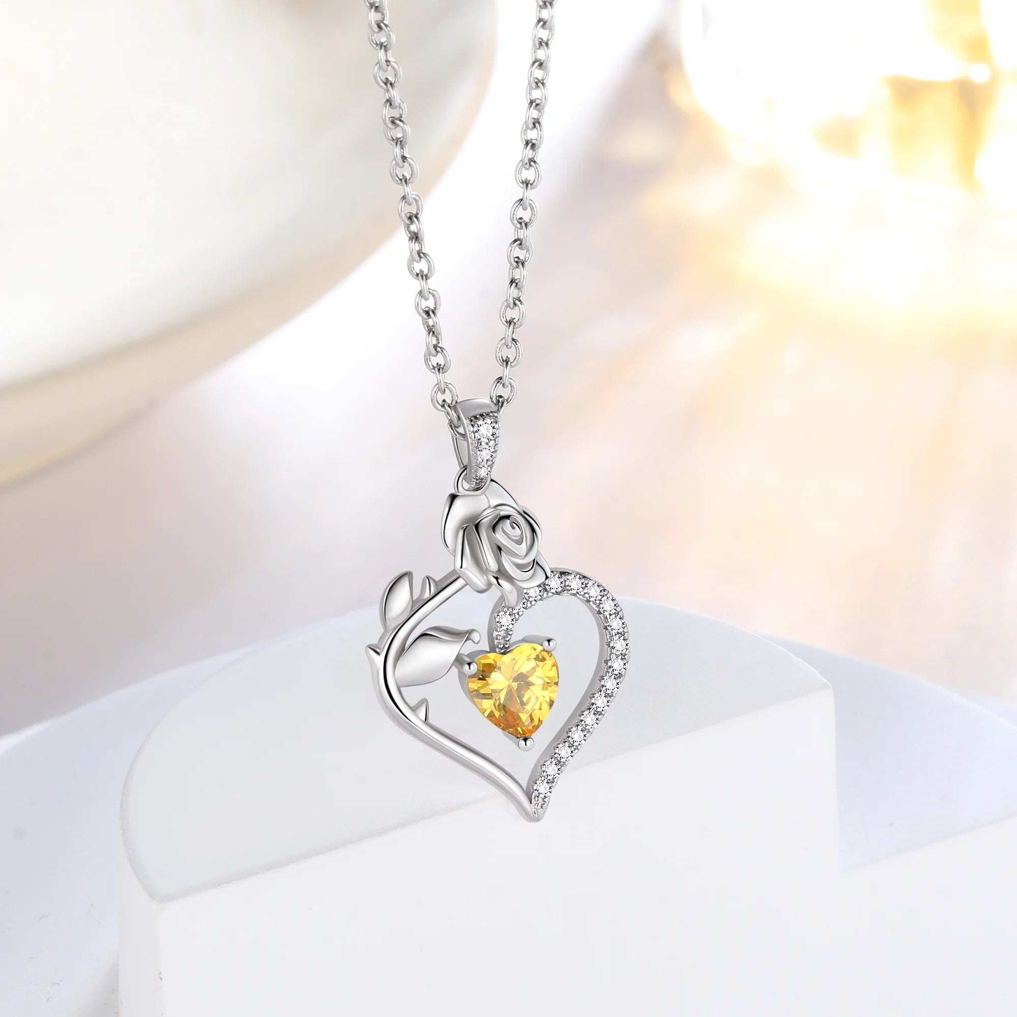 925 Sterling Silver Birthstone Necklace Rose Flower Heart Pendant Jewelry Christmas Valentines Mother'S Day Gifts for Women Mom Wife/Lover