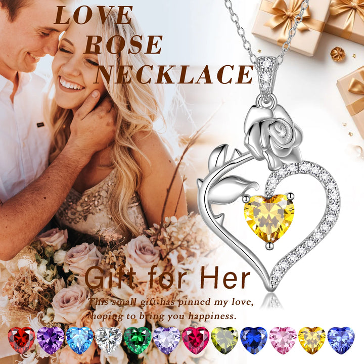 925 Sterling Silver Birthstone Necklace Rose Flower Heart Pendant Jewelry Christmas Valentines Mother'S Day Gifts for Women Mom Wife/Lover