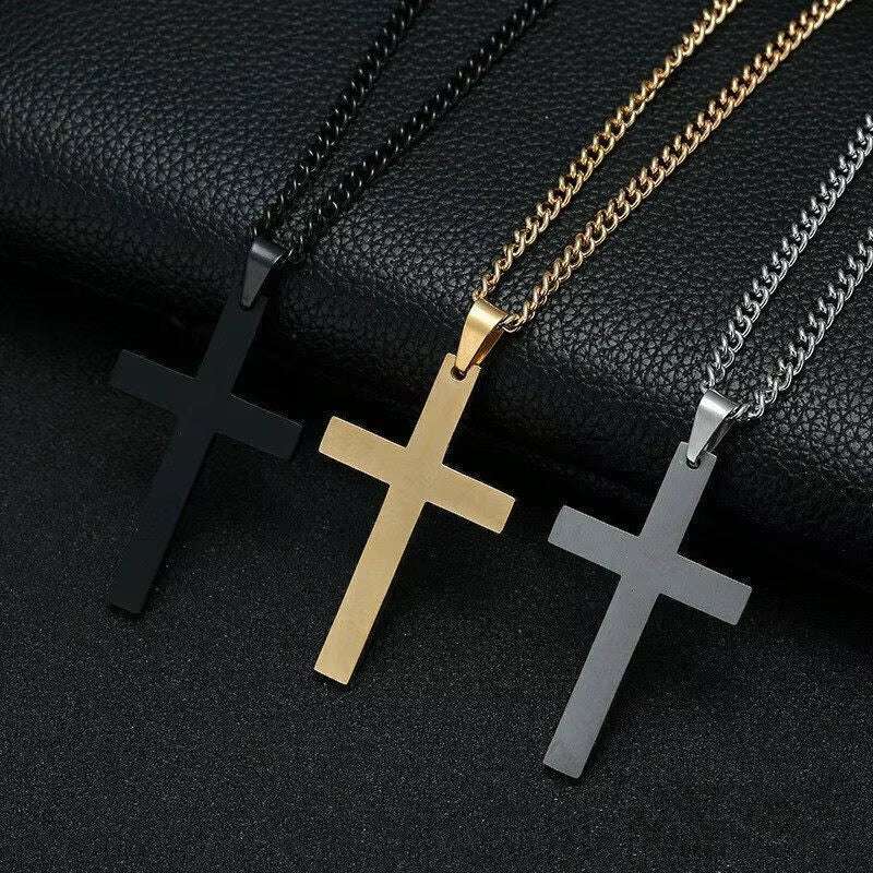 Titanium steel cross necklace on sweater chain, unisex bold layering pendant for cold-season style