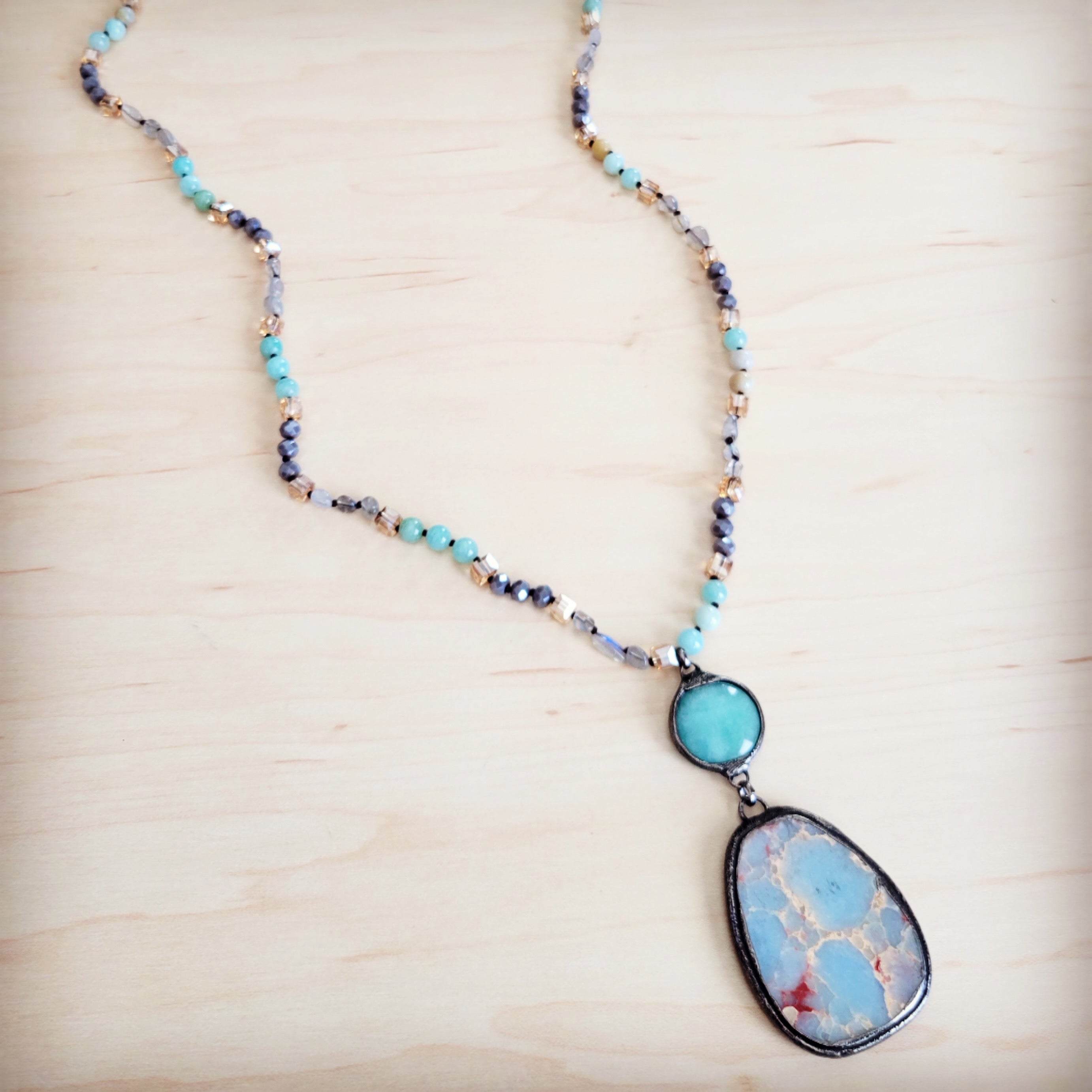 **Amazonite & Crystal Long Beaded Necklace w/ Large Jasper Pendant 262q