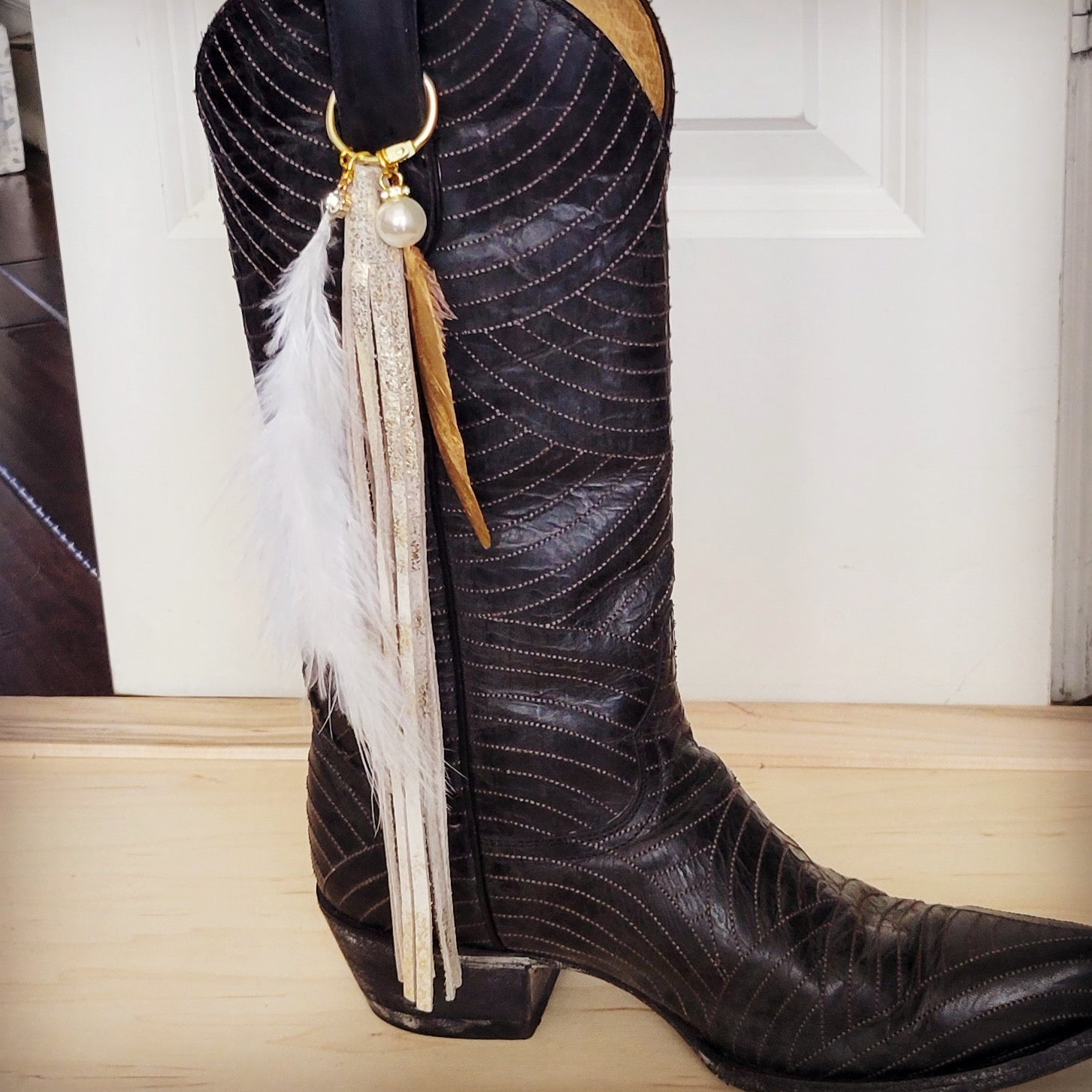 Wedding Boho Western Leather Boot Bling Gold Feather 500o