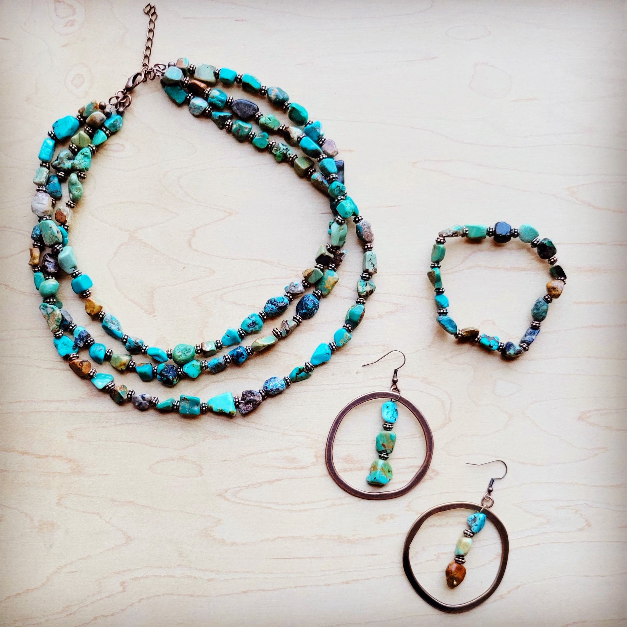 HuBei Turquoise and Copper Bead Hoop Earrings 224e