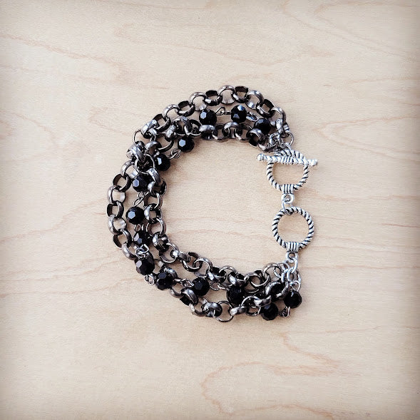 **Black Faceted Triple Strand Beaded Bracelet 807m