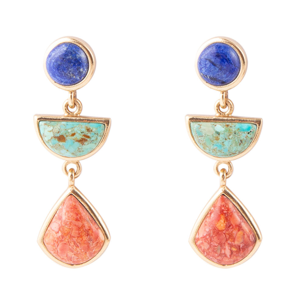 Boucles d'oreilles pendantes dorées colorées en lapis-lazuli, turquoise et corail éponge orange