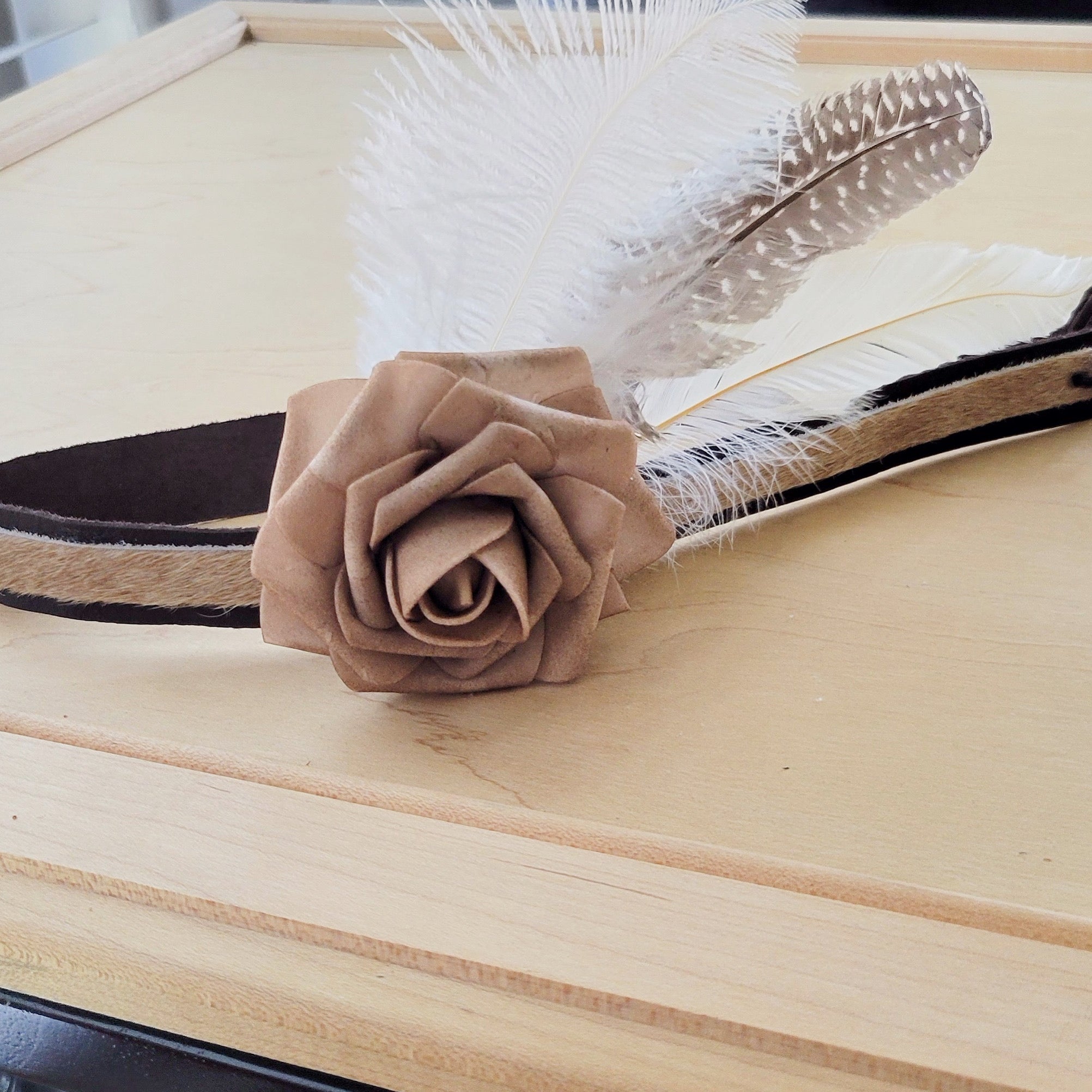 Leather Hat Band w/ Silk Flower & Feathers-Coffee (Band Only) 952y