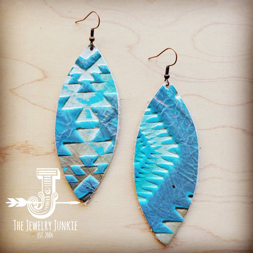 Boucles d'oreilles ovales en cuir - Cyan aztèque 210d