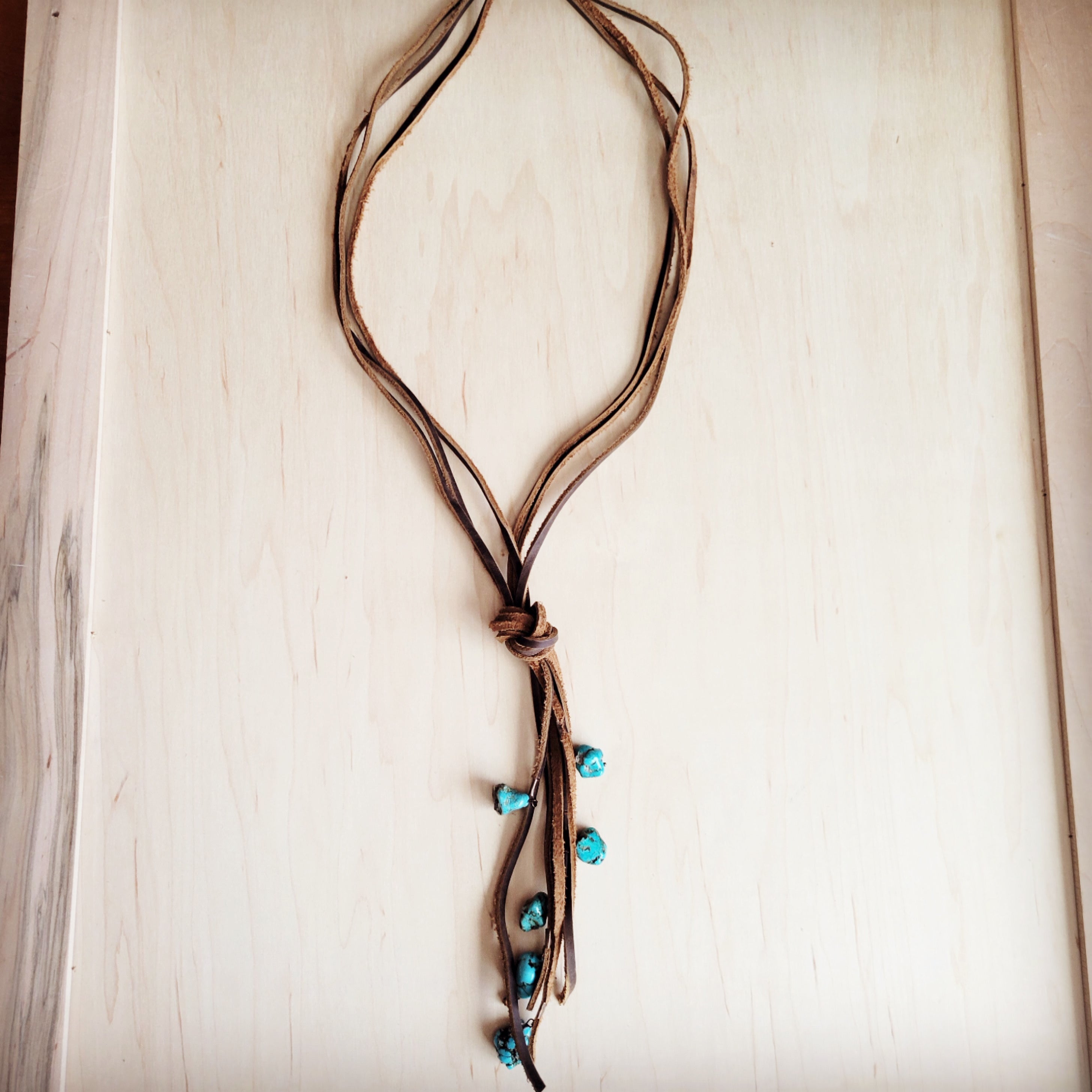Rustic Knotted Leather Cord Necklace with Turquoise 263g