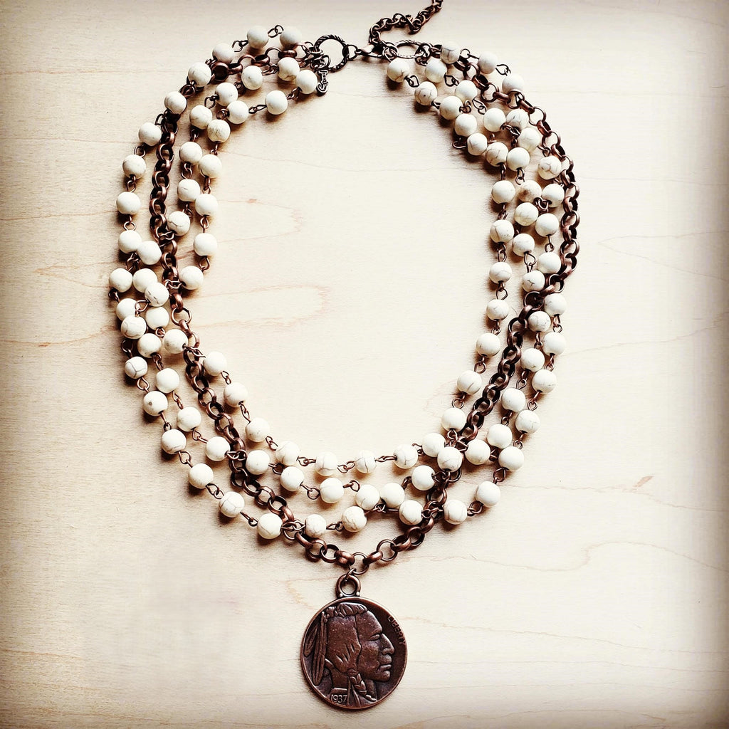White Turquoise Collar-Length Necklace w/ Indian Buffalo Coin 227Y