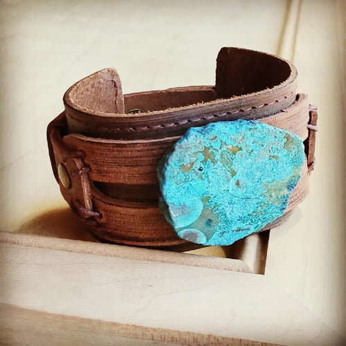 **Large manchette en cuir véritable avec dalle d'agate océanique 004C