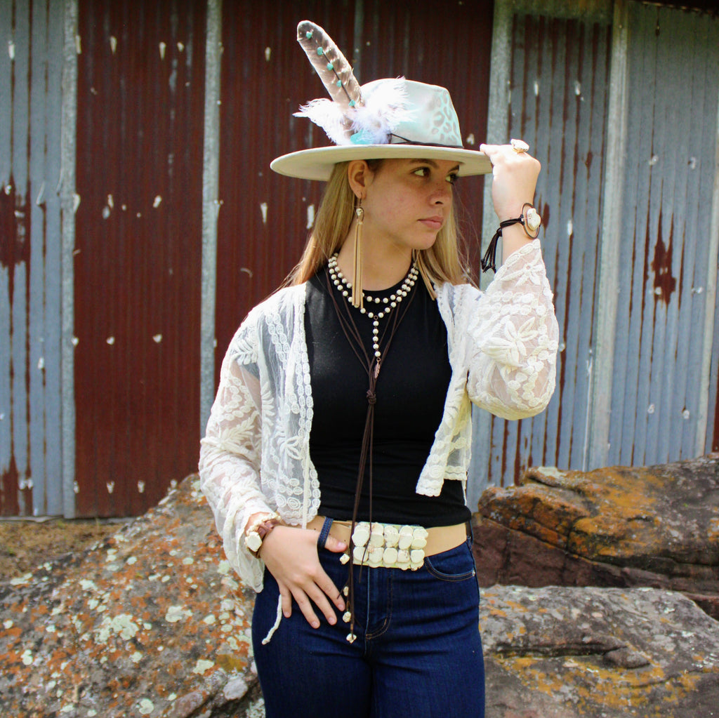 Double Strand Lariat White Turquoise Necklace w/ Copper Feather 259q