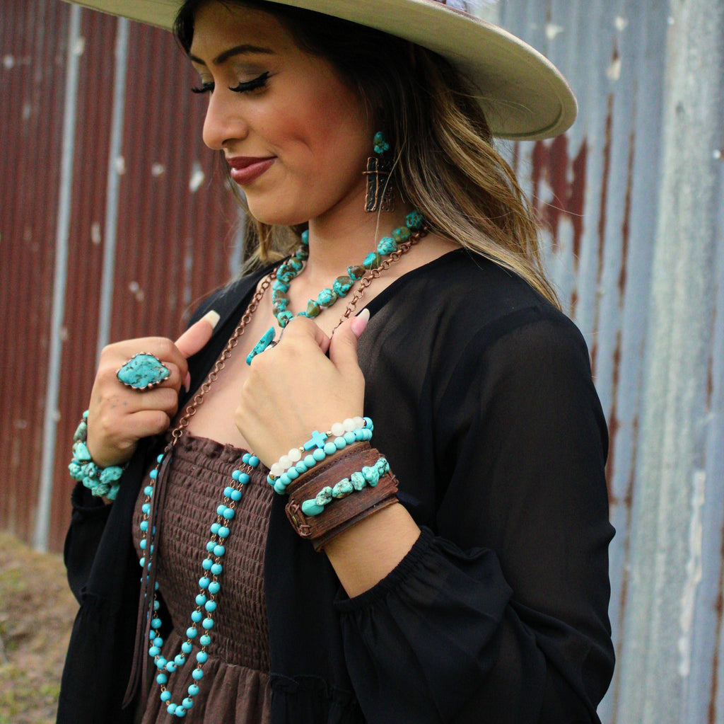Double Strand Blue Turquoise Beaded Necklace, Leather Tassel 252d
