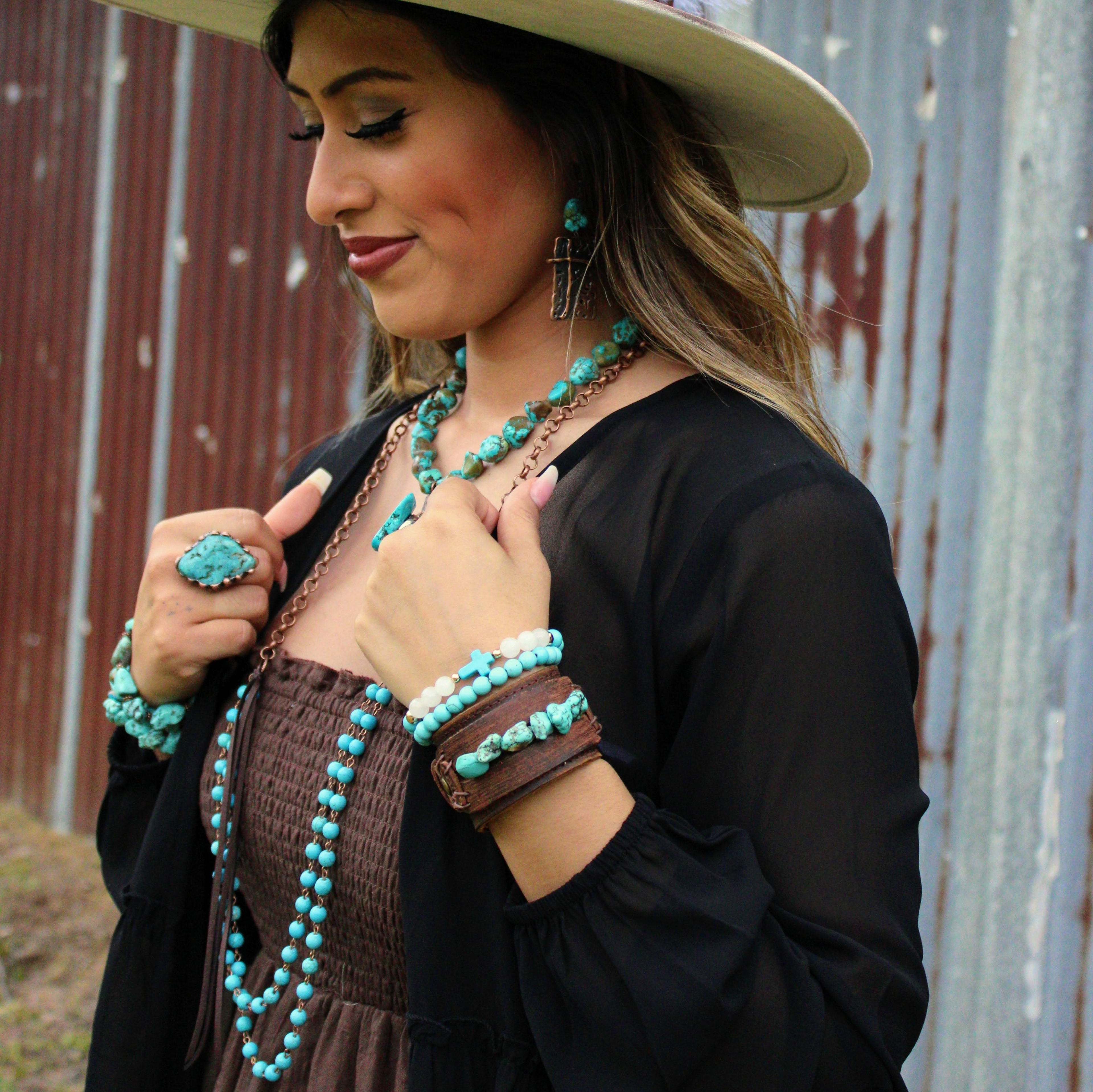 Double Strand Blue Turquoise Beaded Necklace, Leather Tassel 252d