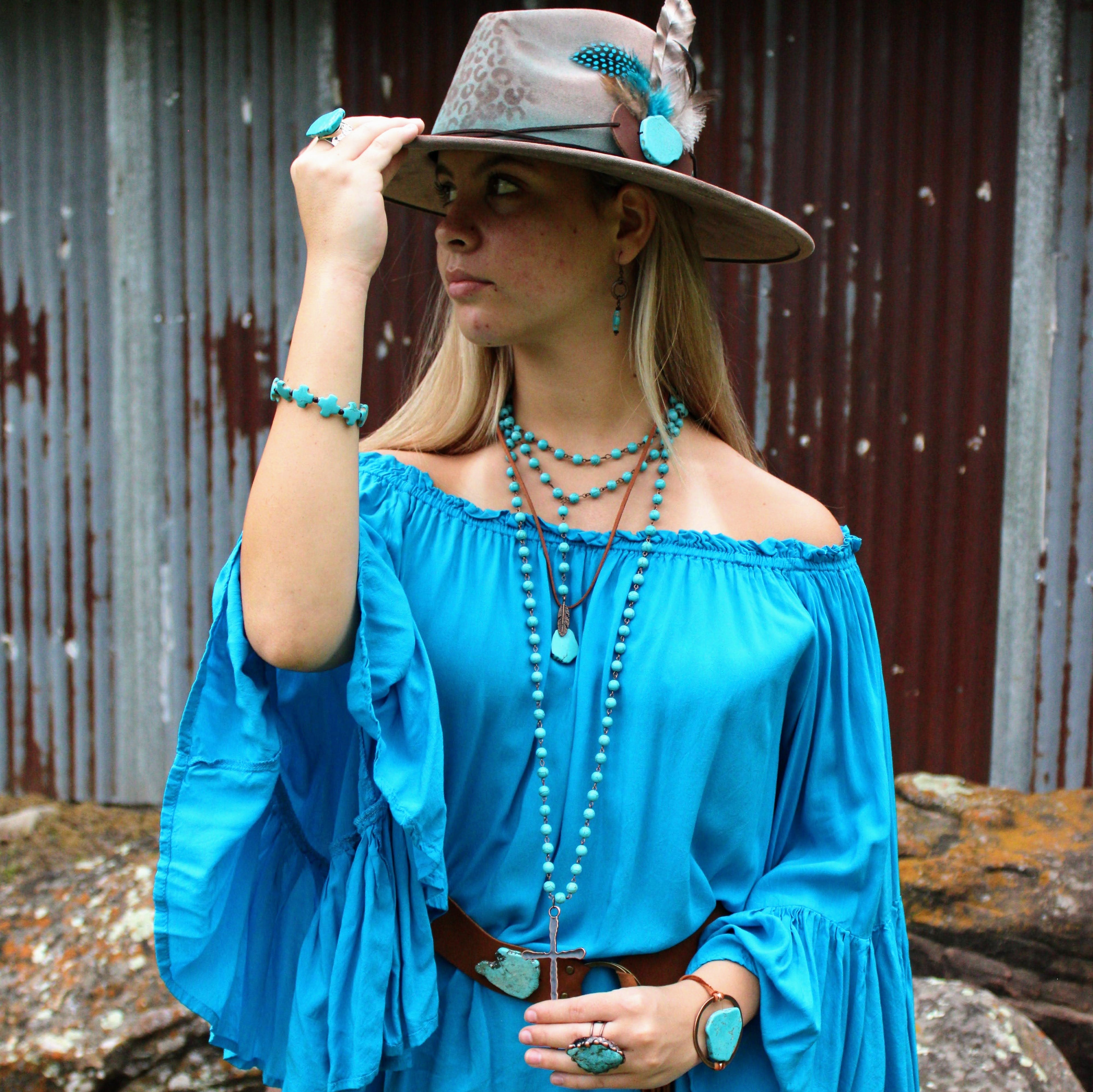 Double Strand Lariat Blue Turquoise Necklace w/ Copper Feather 251e